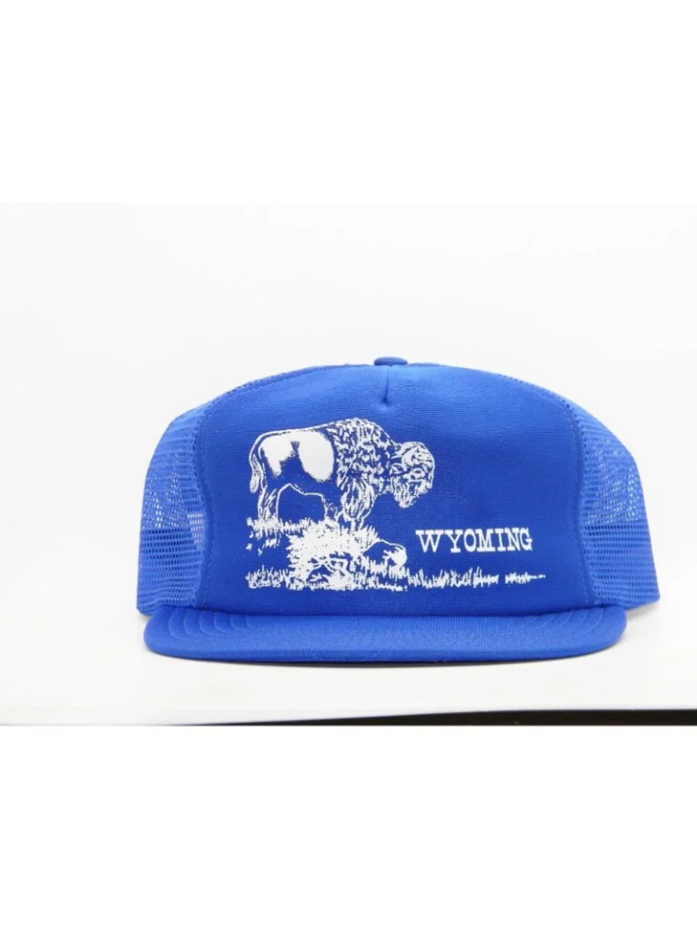 Vintage Wyoming Bison Trucker Hat Royal Blue Made in USA Mesh Snapback Cap